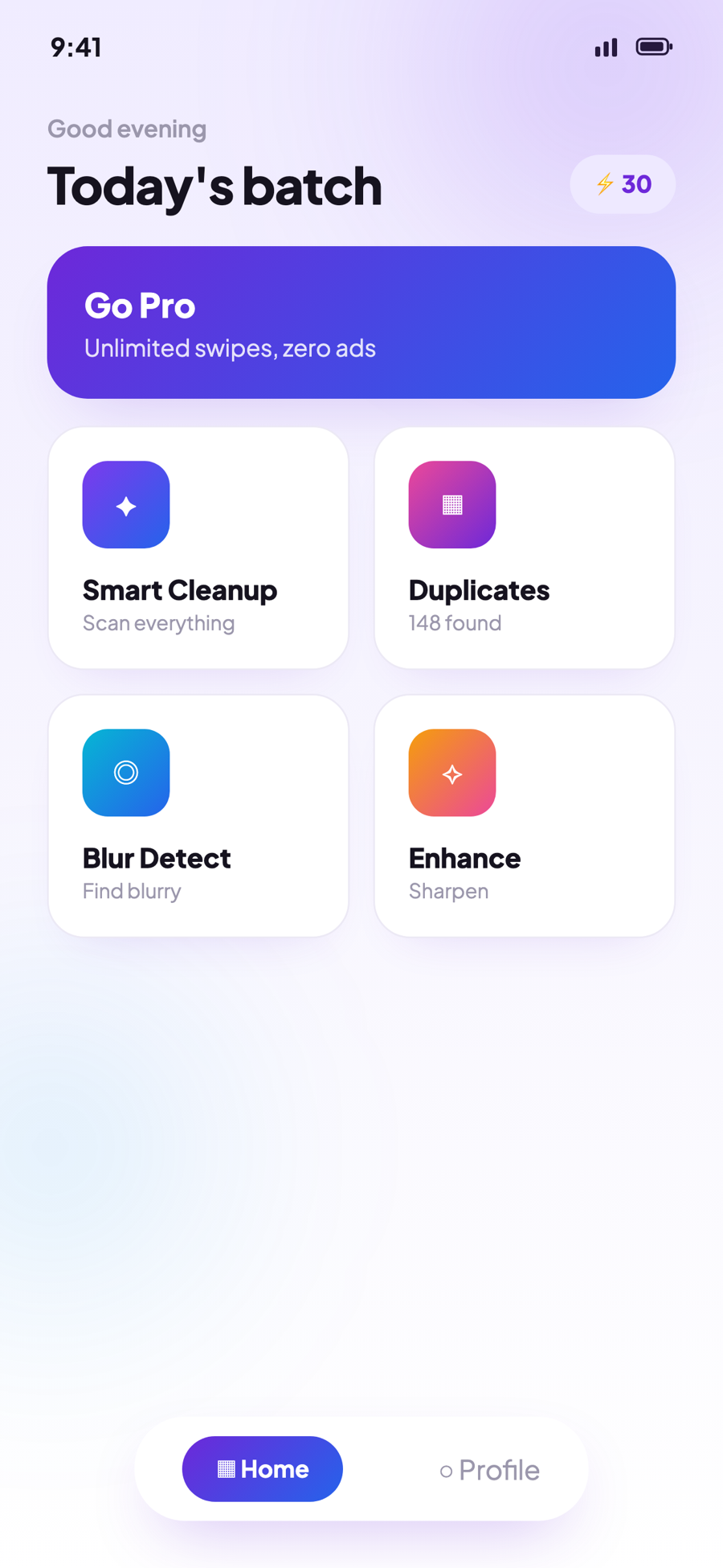 FreeSpaces home screen with today's batch and quick cleanup tools